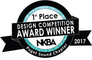 NKBA2017AwardWinnerLogo_1stPlace_web (1) Circular badge reading "1st Place Design Competition Award Winner, NKBA Puget Sound Chapter, 2017" with teal border and black ribbon.