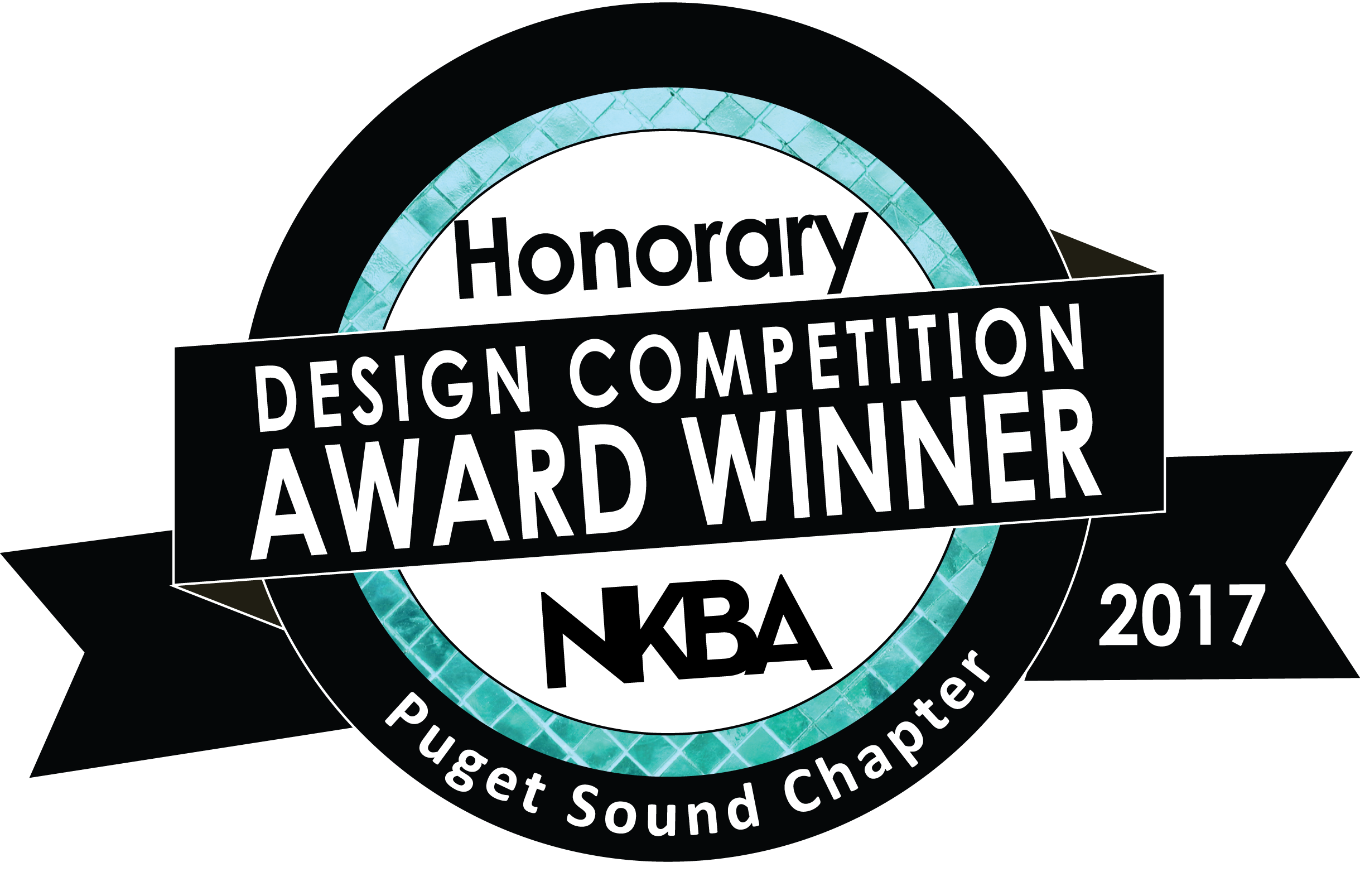 NKBA2017AwardWinnerLogo_Honorary_print A circular badge reads "Honorary Design Competition Award Winner, NKBA, Puget Sound Chapter, 2017" with a turquoise border and black ribbon accents.